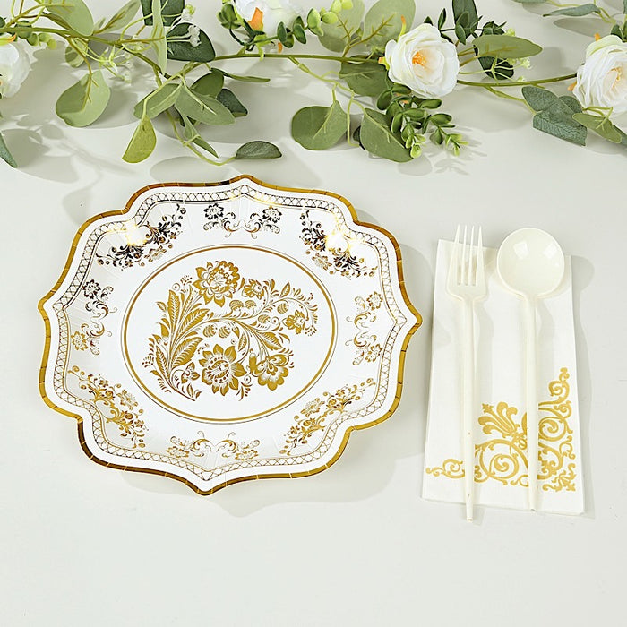 25 White Paper Dinner Plates with Blue Floral Print and Scalloped Rim - Disposable Tableware