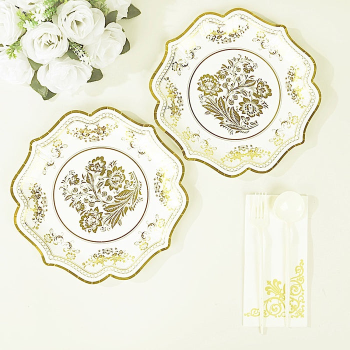 25 White Paper Dinner Plates with Blue Floral Print and Scalloped Rim - Disposable Tableware