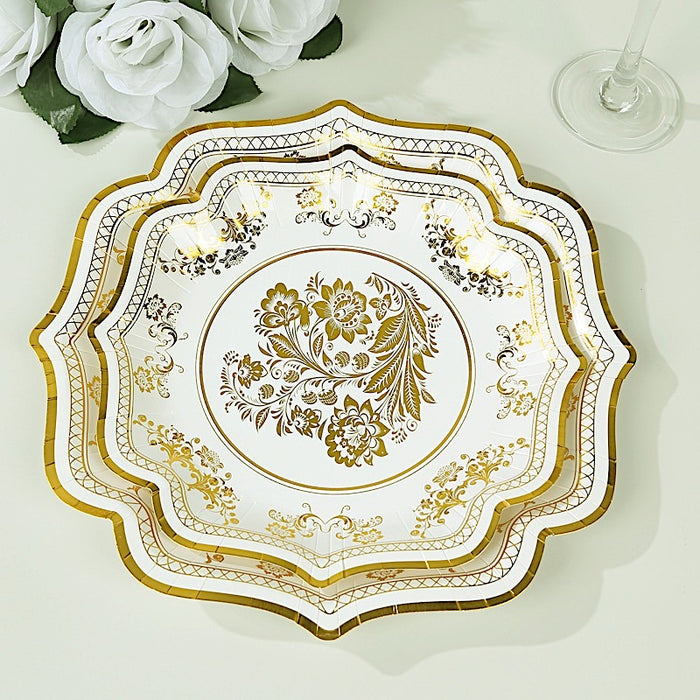 25 White Paper Dinner Plates with Blue Floral Print and Scalloped Rim - Disposable Tableware