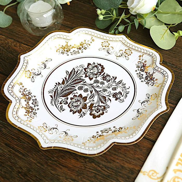 25 White Paper Dinner Plates with Blue Floral Print and Scalloped Rim - Disposable Tableware