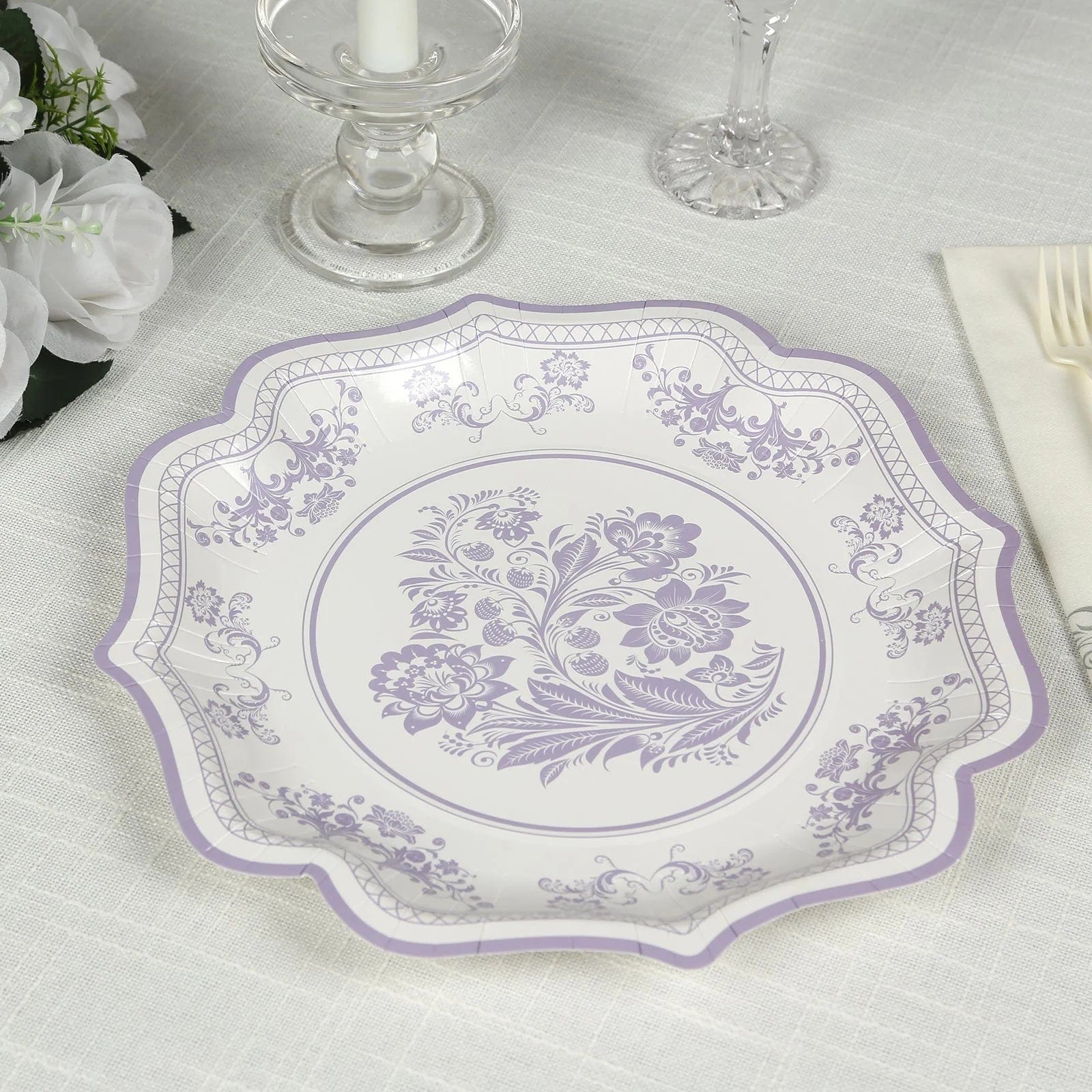25 White Paper Dinner Plates with Blue Floral Print and Scalloped Rim - Disposable Tableware