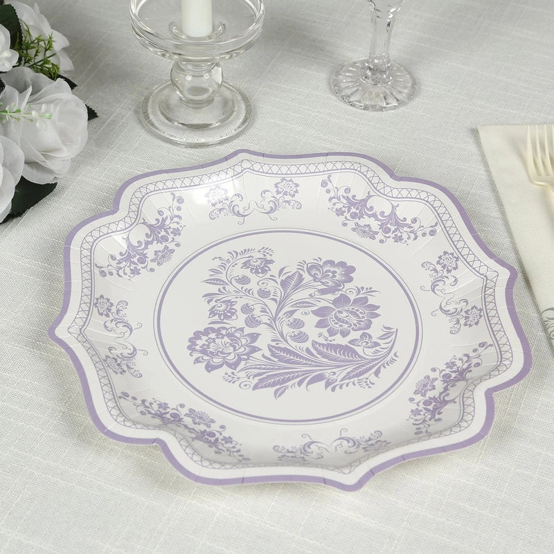 25 White Paper Dinner Plates with Blue Floral Print and Scalloped Rim - Disposable Tableware