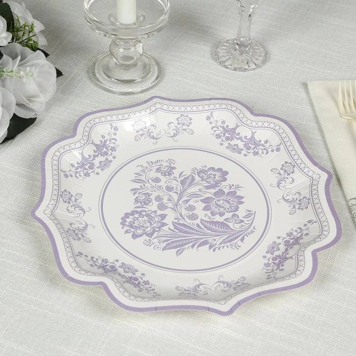 25 White Paper Dinner Plates with Blue Floral Print and Scalloped Rim - Disposable Tableware