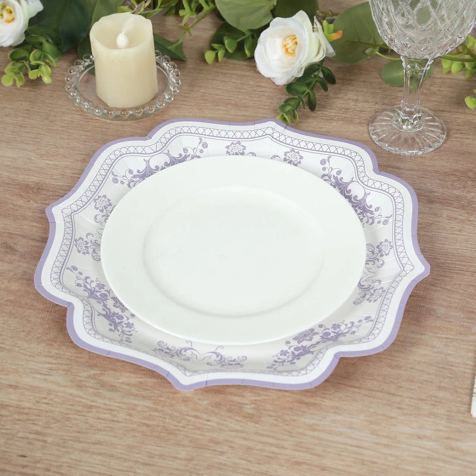 25 White Paper Dinner Plates with Blue Floral Print and Scalloped Rim - Disposable Tableware