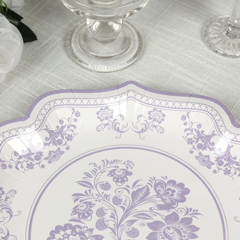 25 White Paper Dinner Plates with Blue Floral Print and Scalloped Rim - Disposable Tableware