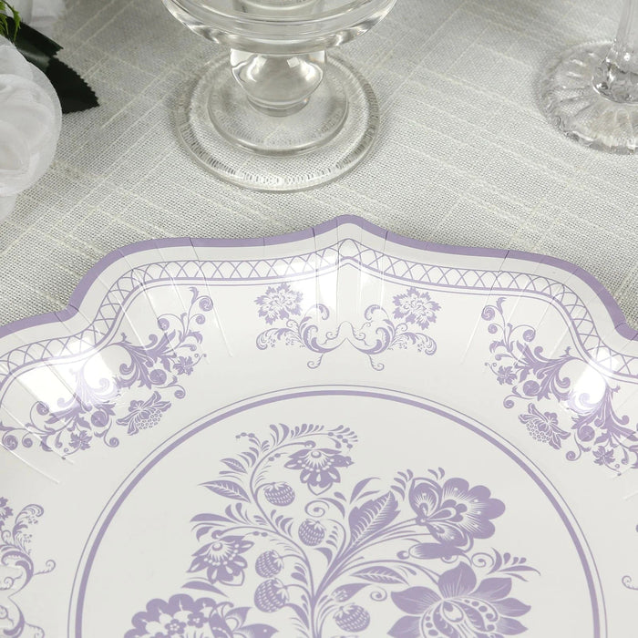 25 White Paper Dinner Plates with Blue Floral Print and Scalloped Rim - Disposable Tableware