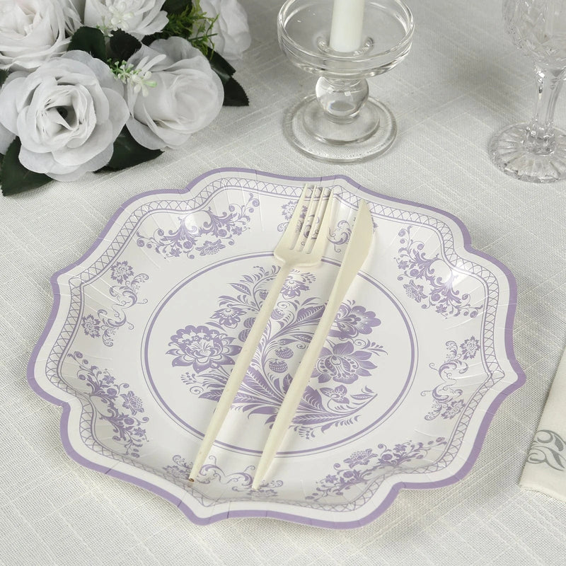 25 White Paper Dinner Plates with Blue Floral Print and Scalloped Rim - Disposable Tableware