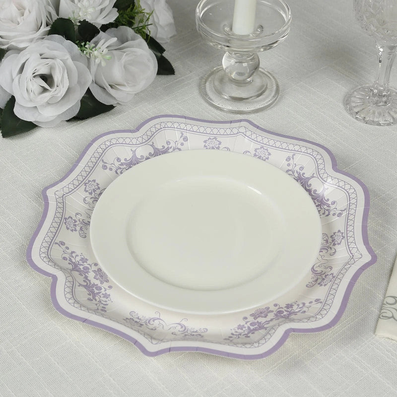 25 White Paper Dinner Plates with Blue Floral Print and Scalloped Rim - Disposable Tableware