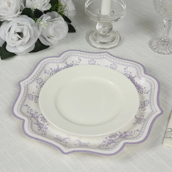 25 White Paper Dinner Plates with Blue Floral Print and Scalloped Rim - Disposable Tableware