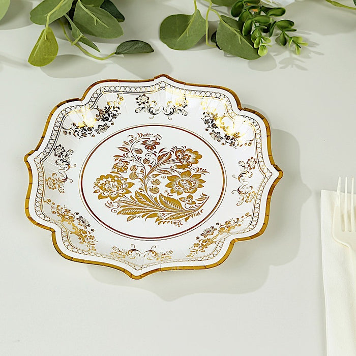 25 White Paper Dinner Plates with Blue Floral Print and Scalloped Rim - Disposable Tableware