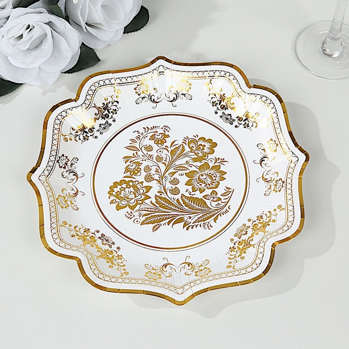 25 White Paper Dinner Plates with Blue Floral Print and Scalloped Rim - Disposable Tableware