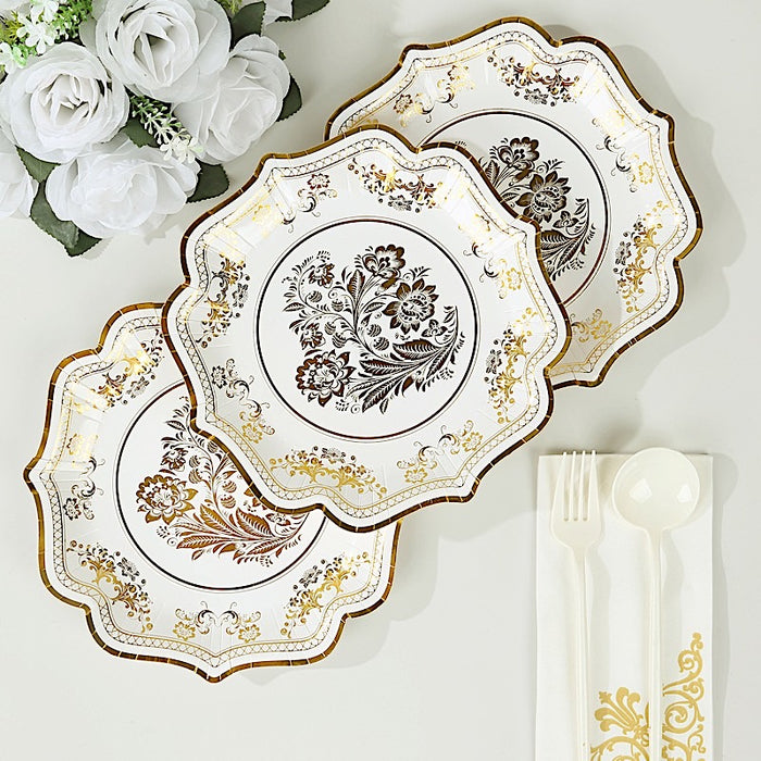 25 White Paper Dinner Plates with Blue Floral Print and Scalloped Rim - Disposable Tableware