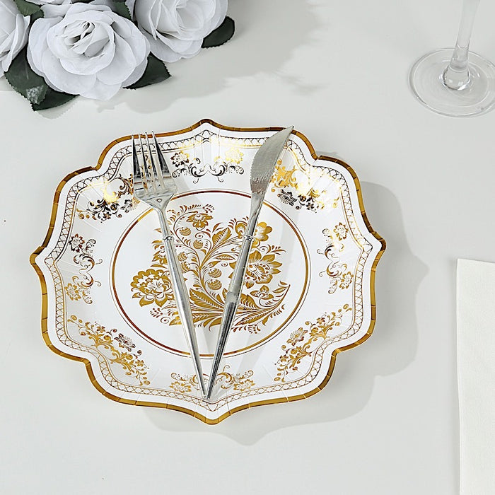 25 White Paper Dinner Plates with Blue Floral Print and Scalloped Rim - Disposable Tableware