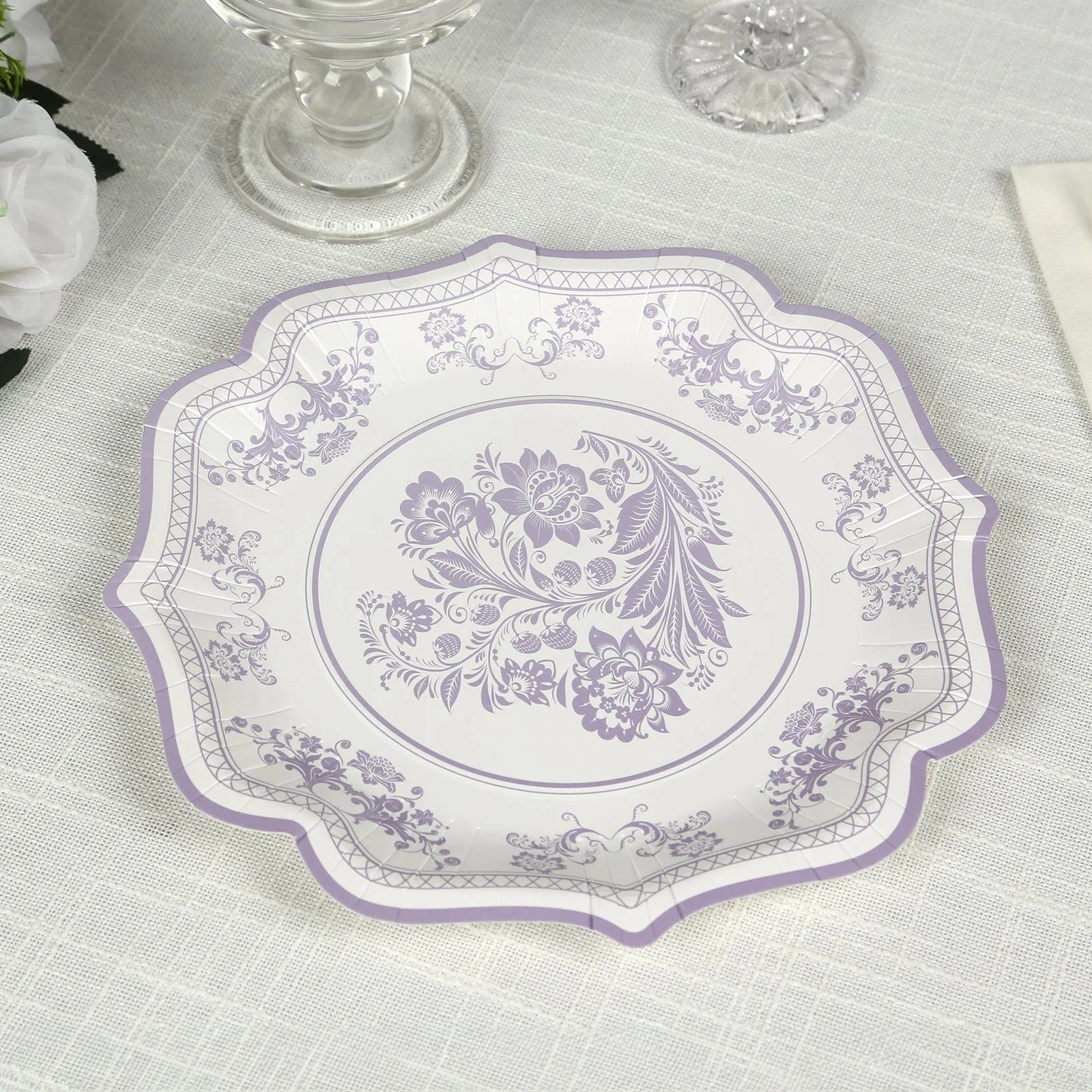 25 White Paper Dinner Plates with Blue Floral Print and Scalloped Rim - Disposable Tableware