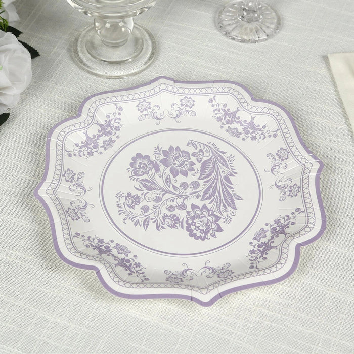 25 White Paper Dinner Plates with Blue Floral Print and Scalloped Rim - Disposable Tableware