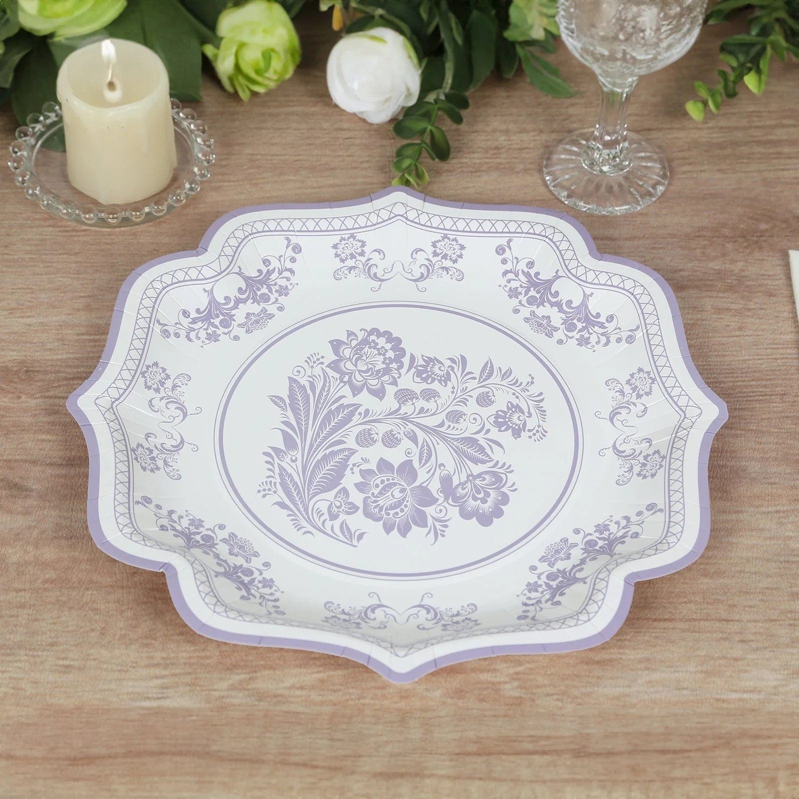 25 White Paper Dinner Plates with Blue Floral Print and Scalloped Rim - Disposable Tableware