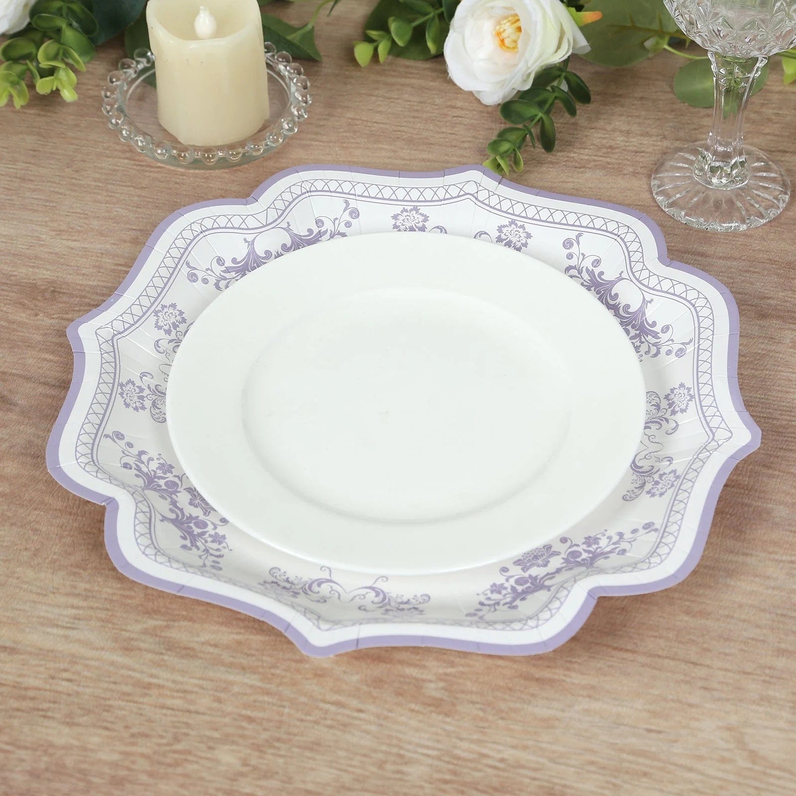 25 White Paper Dinner Plates with Blue Floral Print and Scalloped Rim - Disposable Tableware