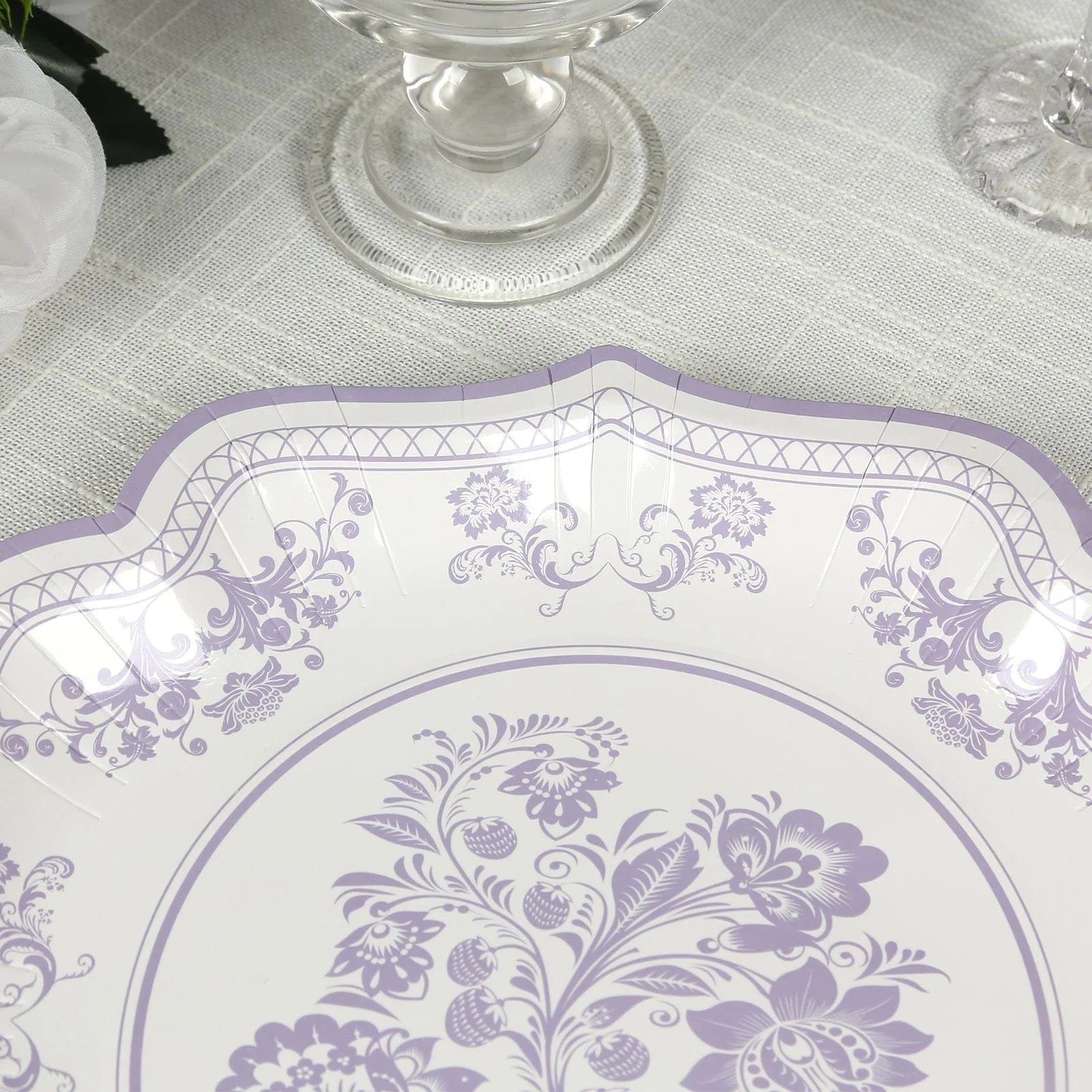 25 White Paper Dinner Plates with Blue Floral Print and Scalloped Rim - Disposable Tableware