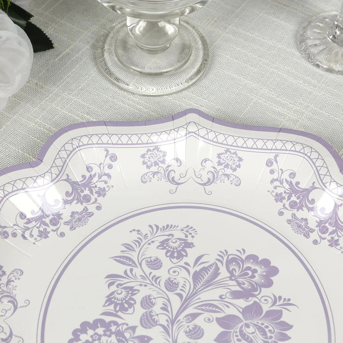 25 White Paper Dinner Plates with Blue Floral Print and Scalloped Rim - Disposable Tableware
