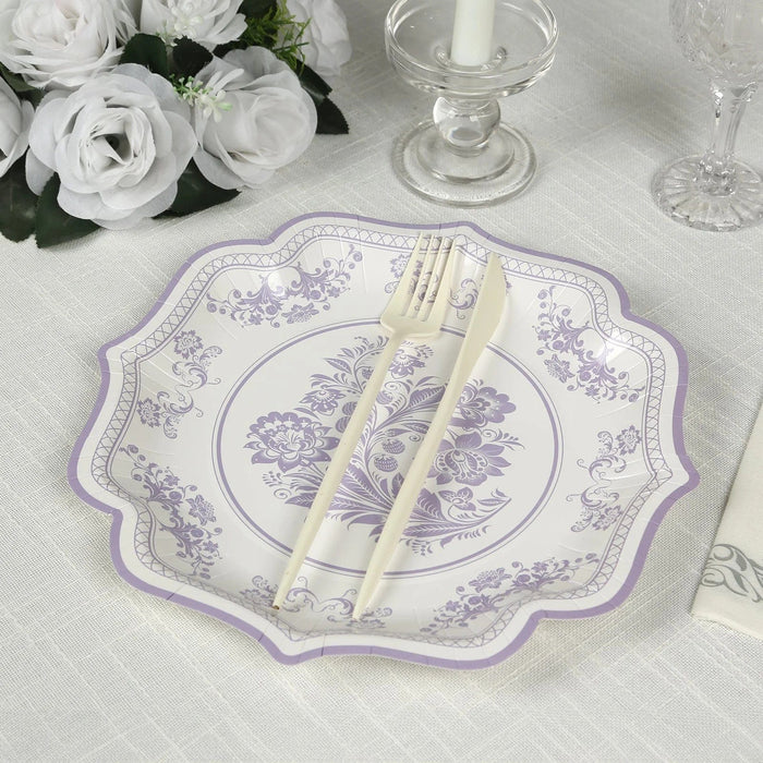 25 White Paper Dinner Plates with Blue Floral Print and Scalloped Rim - Disposable Tableware