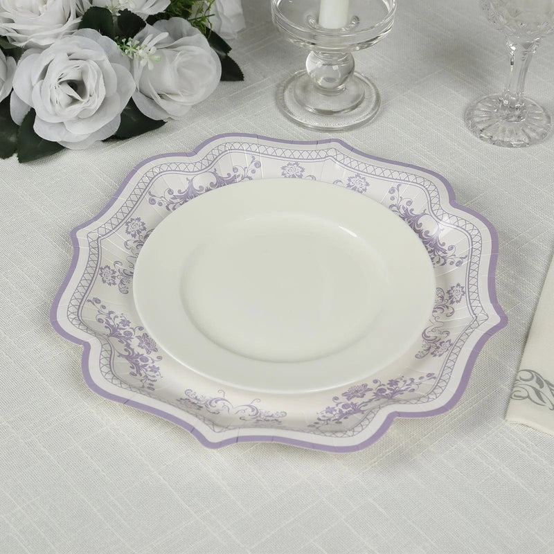 25 White Paper Dinner Plates with Blue Floral Print and Scalloped Rim - Disposable Tableware