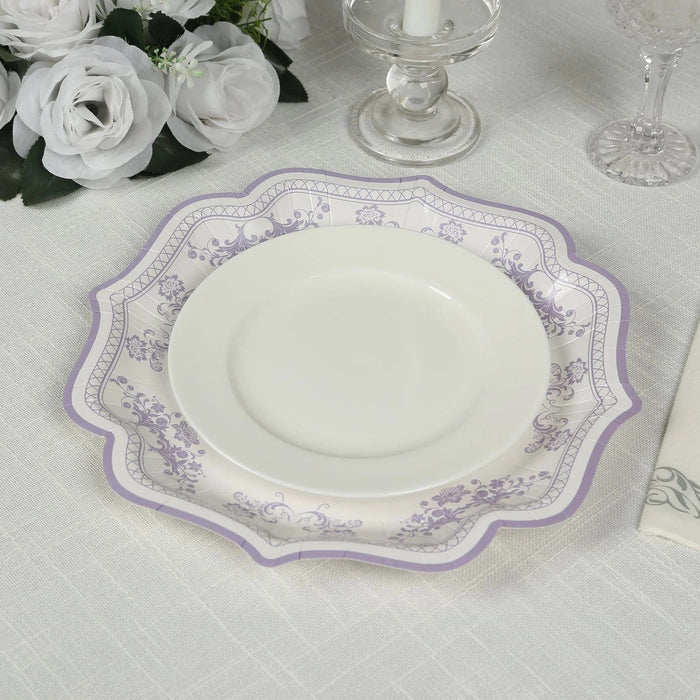 25 White Paper Dinner Plates with Blue Floral Print and Scalloped Rim - Disposable Tableware