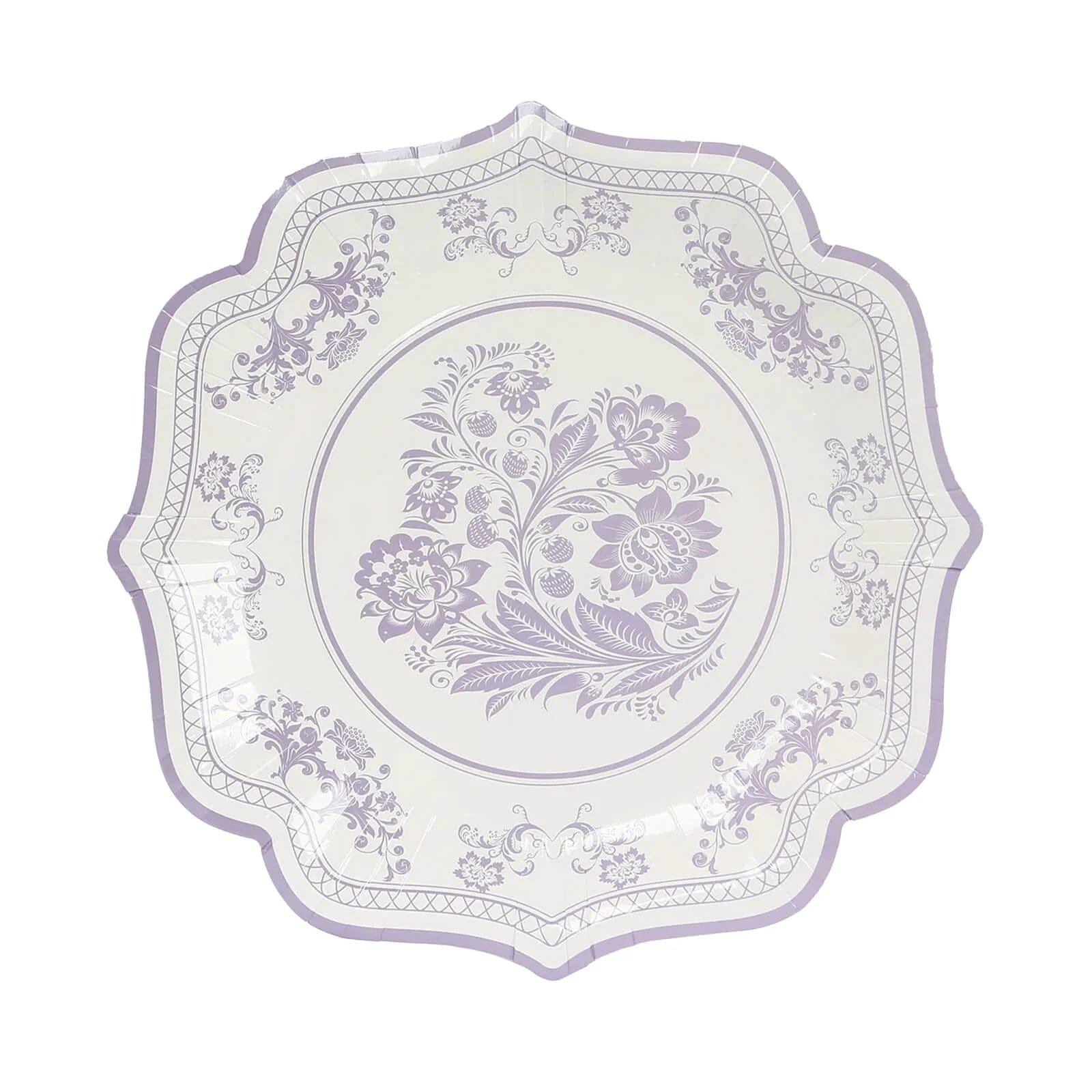 25 White Paper Dinner Plates with Blue Floral Print and Scalloped Rim - Disposable Tableware