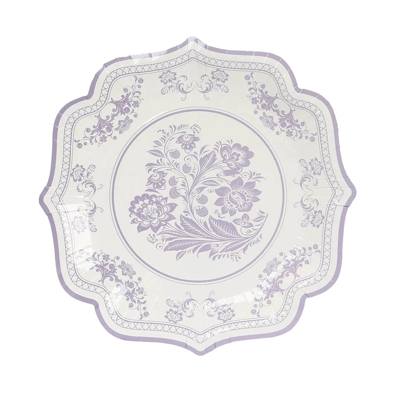 25 White Paper Dinner Plates with Blue Floral Print and Scalloped Rim - Disposable Tableware