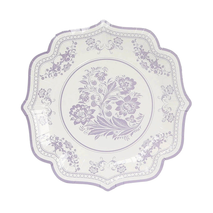 25 White Paper Dinner Plates with Blue Floral Print and Scalloped Rim - Disposable Tableware