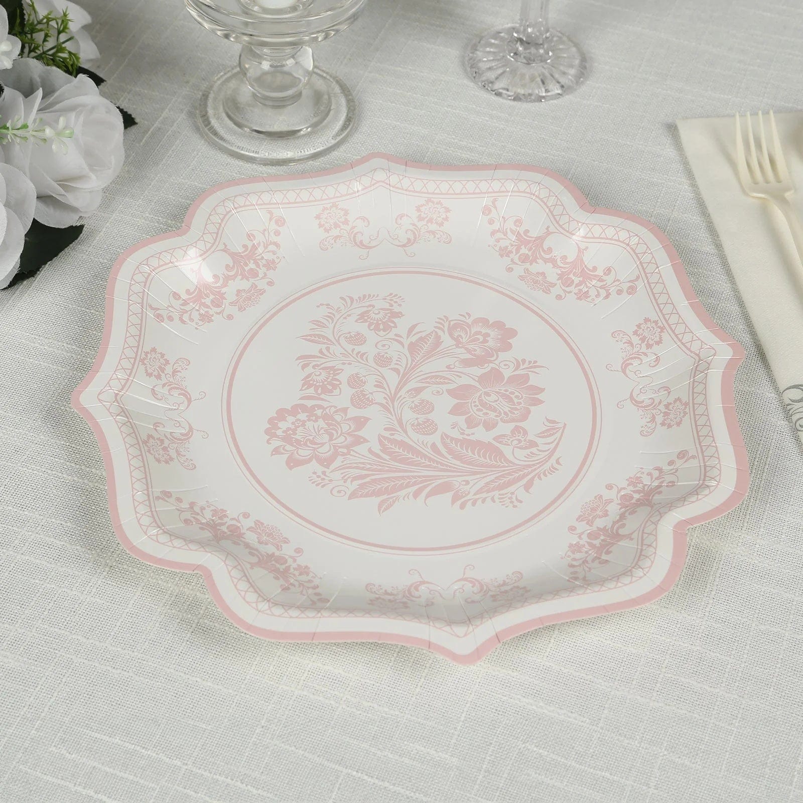 25 White Paper Dinner Plates with Blue Floral Print and Scalloped Rim - Disposable Tableware
