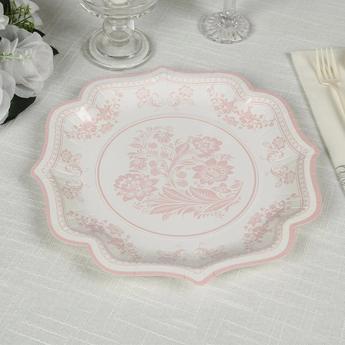 25 White Paper Dinner Plates with Blue Floral Print and Scalloped Rim - Disposable Tableware