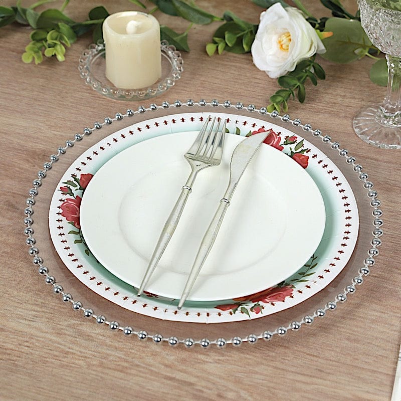 25 Paper Round Plates with Vintage Rose Flower Print