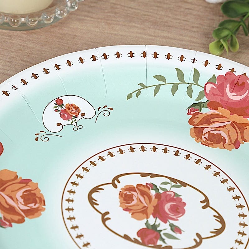 25 Paper Round Plates with Vintage Rose Flower Print