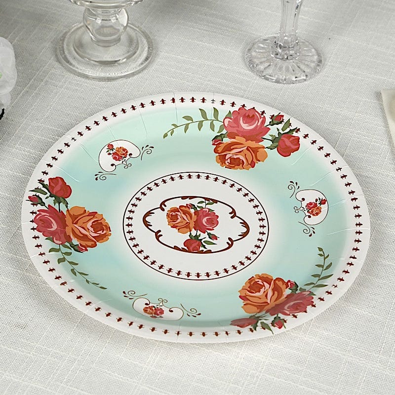 25 Paper Round Plates with Vintage Rose Flower Print