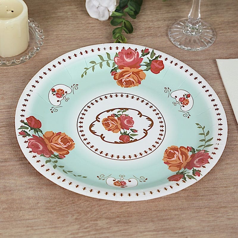 25 Paper Round Plates with Vintage Rose Flower Print