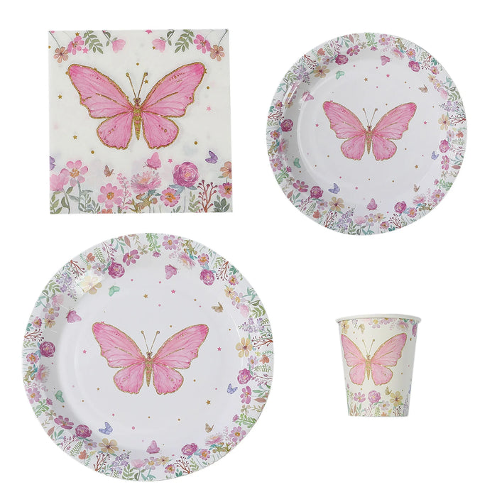 96 Butterfly Print Disposable Tableware Set - White and Pink