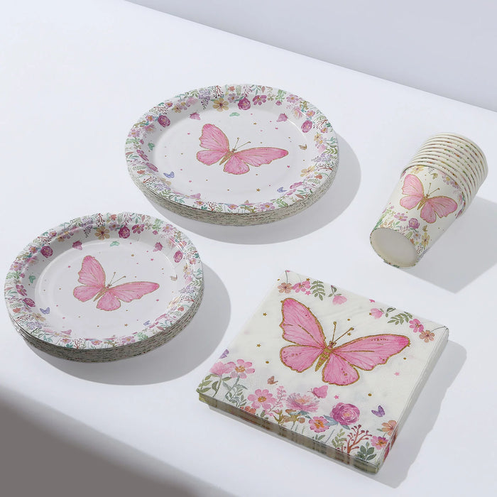 96 Butterfly Print Disposable Tableware Set - White and Pink