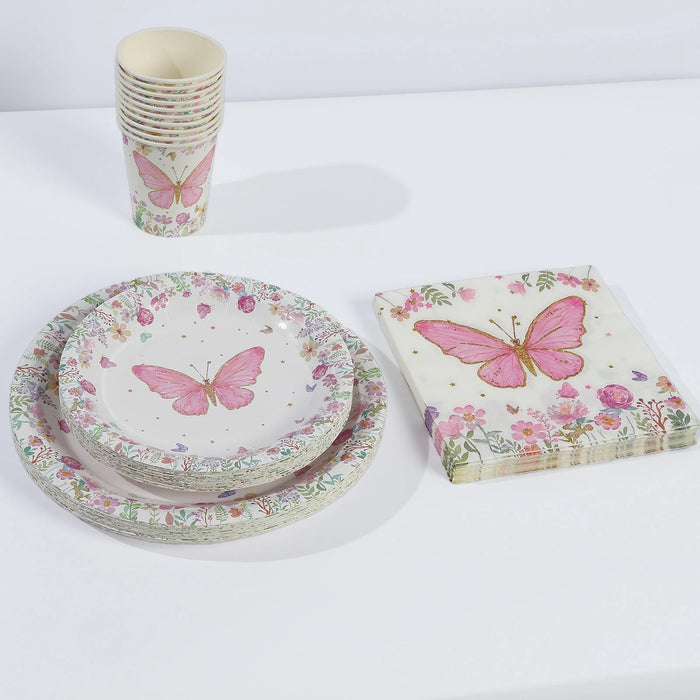 96 Butterfly Print Disposable Tableware Set - White and Pink