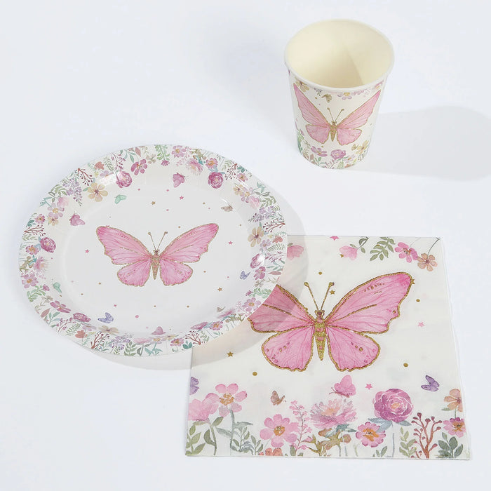 96 Butterfly Print Disposable Tableware Set - White and Pink