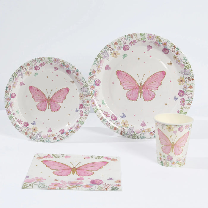 96 Butterfly Print Disposable Tableware Set - White and Pink