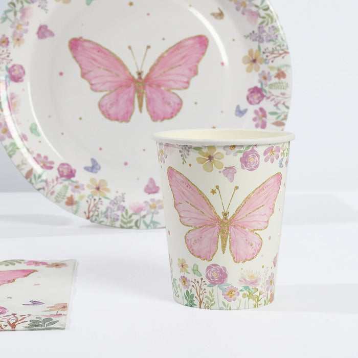 96 Butterfly Print Disposable Tableware Set - White and Pink