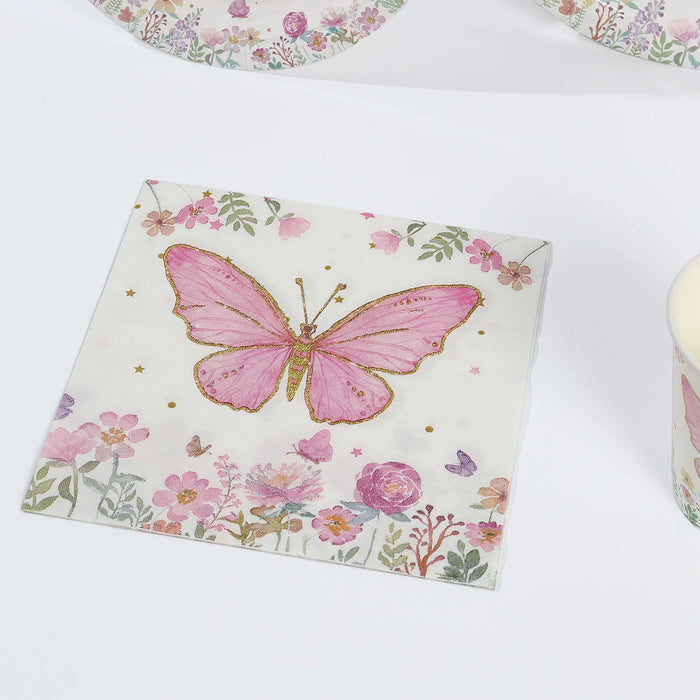 96 Butterfly Print Disposable Tableware Set - White and Pink