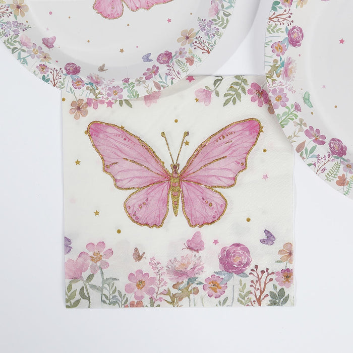 96 Butterfly Print Disposable Tableware Set - White and Pink