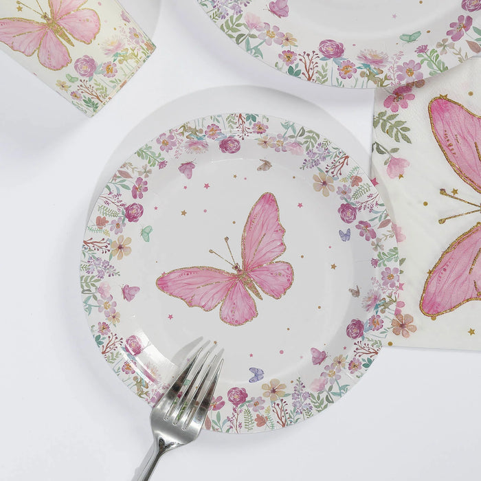 96 Butterfly Print Disposable Tableware Set - White and Pink