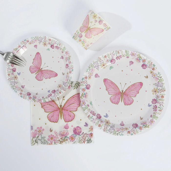 96 Butterfly Print Disposable Tableware Set - White and Pink