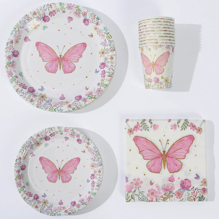 96 Butterfly Print Disposable Tableware Set - White and Pink