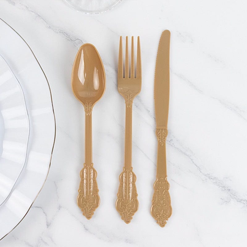 72 Baroque Style Heavy Duty Plastic Cutlery Spoons Forks and Knives Set - Disposable Tableware
