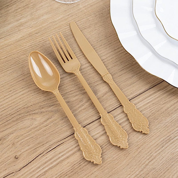 72 Baroque Style Heavy Duty Plastic Cutlery Spoons Forks and Knives Set - Disposable Tableware