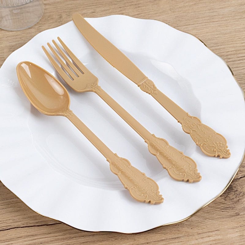 72 Baroque Style Heavy Duty Plastic Cutlery Spoons Forks and Knives Set - Disposable Tableware