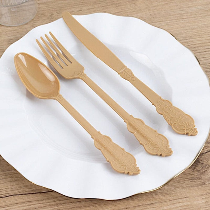 72 Baroque Style Heavy Duty Plastic Cutlery Spoons Forks and Knives Set - Disposable Tableware